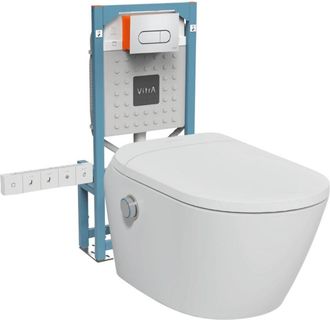 Vitra Conjunto De Inodoro Suspendido Sin Borde Con Sistema De Bid&eacute; Integrado, Asiento Y Conexiones El&eacute;ctricas, Vitra V-care Ultra Blanco + Marco Autoportant