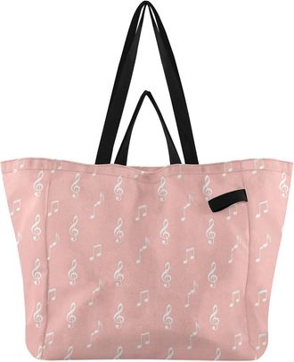Generic Musical Music Pink print Reusable Canvas Tote Bag, Heavy Duty Grocery Shopping Bag with Hard Bottom Large Capacity Double Handles Work Groceries Trave