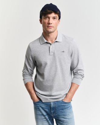 GANT Poloshirt GANT REG SHIELD LS PIQUE RUGGER, Herren, Gr. 4XL, grau (grau melange), Jersey, Obermaterial: 100% Baumwolle, regular fit h&uuml;ftlang, hoch gesc