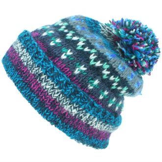 Loud Elephant Chunky Wool Knit Abstract Pattern Beanie Bobble Hat - Blue