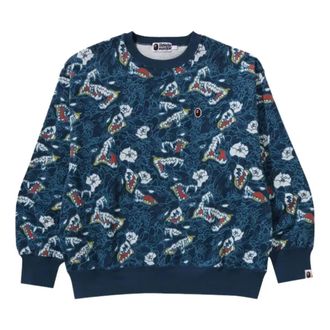 A Bathing Ape Japanese Tattoo Camo Relaxed Fit Crewneck Sweatshirt Blue 1K80-113-009