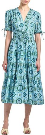 Derek Lam Thalia Short Sleeve A-Line Cotton Midi Dress in Blue Medallion at Nordstrom Rack, Size 10