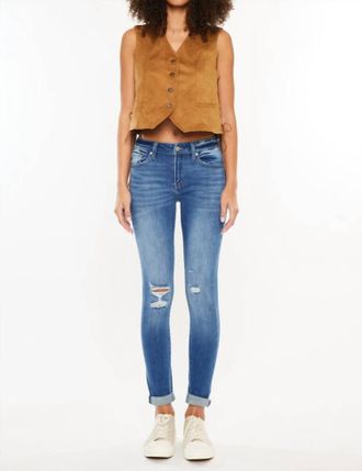 Kancan Mid Rise Distressed Ankle Skinny Jeans In Medium Wash