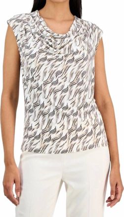 Anne Klein Printed Cowl Neck Cap Sleeve Top In Dove White Multi