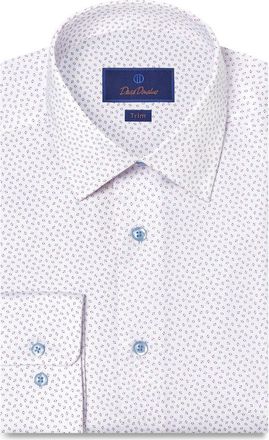 David Donahue Trim Fit Neat Print Cotton Dress Shirt in White/Berry at Nordstrom, Size 17.5 - 36