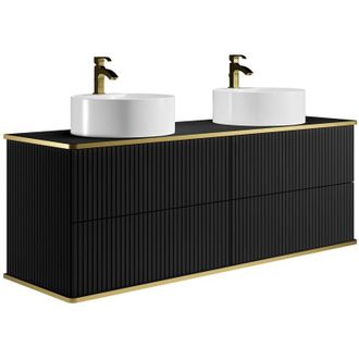 Vente-Unique Vente-unique - Mobile per bagno sospeso con scanalature con profilo Dorato doppio lavabo appoggio tondo 150 cm Nero - keliza