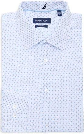Nautica Slim Fit Stretch Dress Shirt in White With Blue Print at Nordstrom Rack, Size 16.5 - 34/35