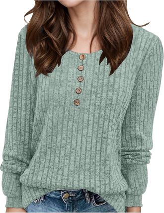 Generic Ladies Jumpers Crew Neck Button Down Womens Sweaters Soft Long Sleeve Tops Solid Colour Jumpers for Women UK Warm Autumn Winter Womens Jumper Lounge W