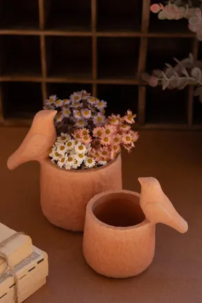 Kalalou Set Of Two Concrete Planters With Birds - Terracotta