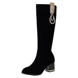 Generic Womens Knee High Boots Round Toe High Block Heel Slip On With Metal Decoration For Party And Casual Occasions