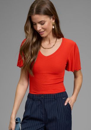 Laura Scott V-Shirt LAURA SCOTT, Damen, Gr. 32/34, rot, Single Jersey, Obermaterial: 95% Viskose, 5% Elasthan, unifarben, sehr figurbetont h&uuml;ftlang, V-Ausschnitt,