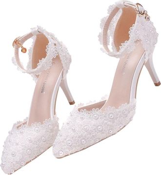 Frcolor Lace Pointed Toe Wedding High Heels White Elegant Bridal Shoes for Wedding Party Formal Occasions Lightweight PU Material