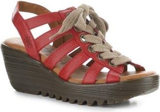 FLY London Litu Strappy Platform Wedge Sandal in Lipstick Red at Nordstrom, Size 10-10.5Us
