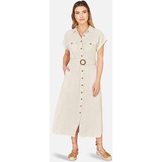 Yumi Viscose Linen Look Midi Shirt Dress in Natural at Nordstrom, Size 10