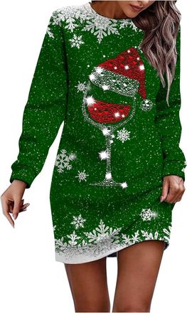 Generic Christmas Dresses for Women Oversized Christmas Dress Long Sleeve Jumper Crew Neck Xmas Graphic Print Sweatshirt Winter Casual Midi Dress Party Costum