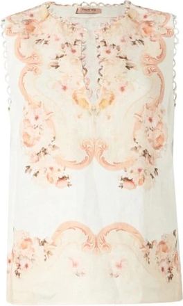 Twinset Bloemige V-hals mouwloze linnen top - Dames - Tops zonder mouwen - Veelkleurig - XL - Linnen - Tops