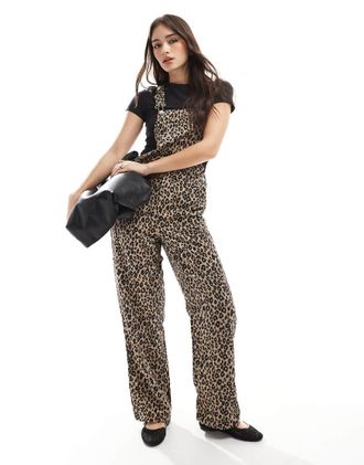 Only corduroy overalls in leo print-Brown