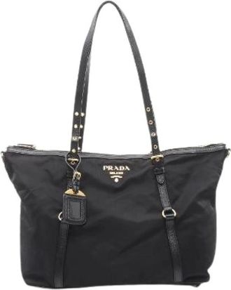 Prada Pre-owned Tote Bags, female, Black, Size: ONE SIZE Pre-owned Nylon Leather Tote Bag
