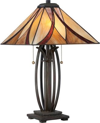 Loops 2 Bulb Twin Table Lamp Tiffany Style Coloured Glass Valiant Bronze LED E27 60W