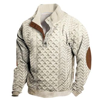 Generic MenS Casual Stand Collar Button Solid Color Sweatshirt, Stand Collar Knitted Sweater Top With Elbow Patches Vintage Knit Jumper 1/4 Button Casual Retr