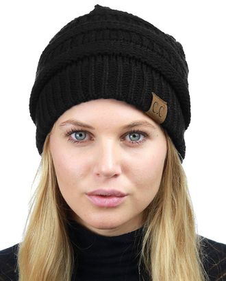 C.C Unisex Chunky Soft Stretch Cable Knit Warm Fuzzy Lined Skully Beanie, Black, One size