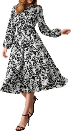 Grace Karin Womens Autumn A Line Midi Dress Casual Lantern Sleeve High Waist Dress Floral Dress with Belt White-Black Flowers L