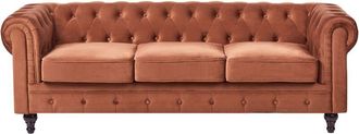 Beliani Chesterfield Sofa Golden Brown Velvet Fabric Upholstery Dark Wood Legs 3 Seater Contemporary CHESTERFIELD