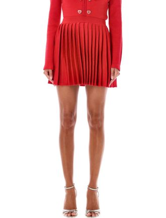 Self Portrait Red Pleated Knitted Mini Skirt