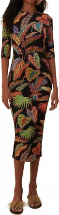 Farm Rio Cool Foliage Jersey Half Sleeve Midi Dress In Black/multi