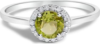 House of Brilliance 10K Gold Gemstone and 1/10 Cttw Diamond Halo Birthstone Ring in White | Green Peridot at Nordstrom, Size 6.5