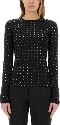 Sportmax Fitted Black Long-Sleeve Top With Crystal Embellishments