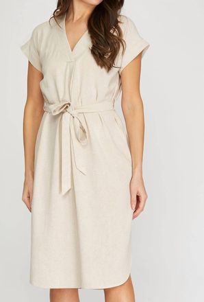 She + Sky Drop Short Sleeve Waist Tie Linen Dress In Natural