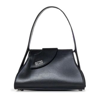 GCDS Shoulder Bags, female, Black, ONE SIZE, Black Leather Bag with Asymmetric Flap and Nickel Silver Logo