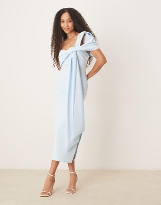 Asos off shoulder bow detail midi dress in light blue in scuba-style fabric