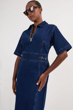 Karen Millen Womens Plus Size Stretch Denim Snaffle Trim Collared Midi Dress - Blue Cotton - Size 20 UK
