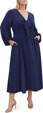 City Chic Ivanna Tie Neck Long Sleeve Maxi Dress in Navy at Nordstrom, Size Xxs