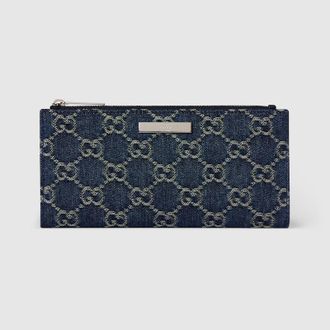 Gucci Long Wallet With Gucci Plaque, Blue, Fabric
