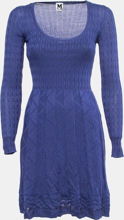 M Missoni Blue Patterned Knit Scoop Neck Flared Midi Dress
