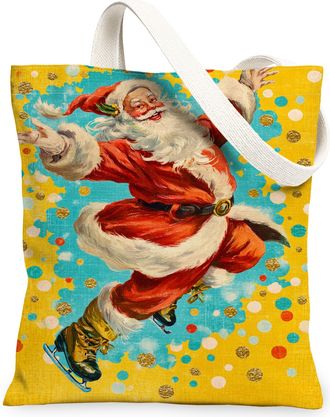 Generic Vintage Santa Canvas Tote, Holiday Cheer Polka Dot Pattern Reusable Bags, Lightweight Washable Shoulder Strap for Travel Picnic 13x15 Inch