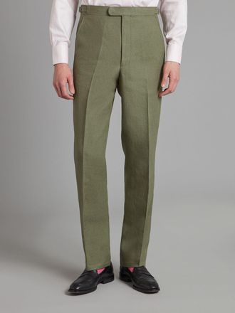 Oliver Brown Flat Front Linen Trousers - Sage Green