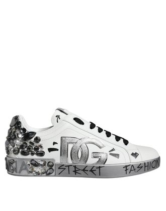 Dolce & Gabbana Witte Zilveren Kristallen Logo Portofino Sneakers Schoenen