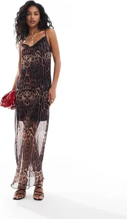 Pieces slinky cowl neck cami maxi dress in leopard print-Black