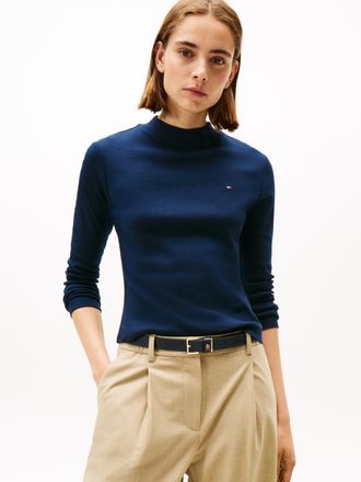 Tommy Hilfiger Langarmshirt TOMMY HILFIGER SLIM CODY MOCK-NK LS, Damen, Gr. XXL (44), blau (schwarz night navy), Single Jersey, Obermaterial: 100% Baumwolle, unifarb