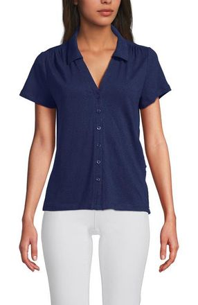 Lands End Linen Blend Short Sleeve Button Front Polo Top in Deep Sea Navy at Nordstrom, Size Small P