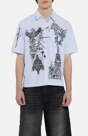Jaded London Pinstripe Sketch Graphic Button-Up Shirt in Blue at Nordstrom, Size Xx-Large