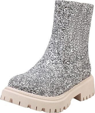 Generic British Style Womens Ankle Boots Fashion Low Heel Leather Casual Footwear with Sequin Detailing and Side Zipper Design for Everyday Comfort (Silver, 6