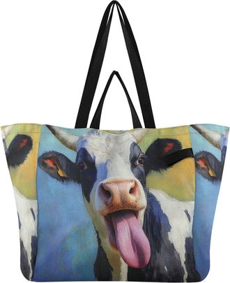 Generic Cow Colorful pattern Reusable Canvas Tote Bag, Heavy Duty Grocery Shopping Bag with Hard Bottom Large Capacity Double Handles Work Groceries Travel