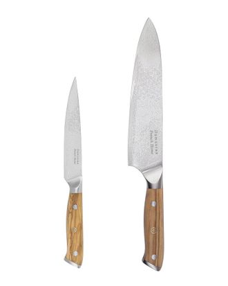 French Home 2Pc Damascus Steel Knife Set With Olive Wood Handles