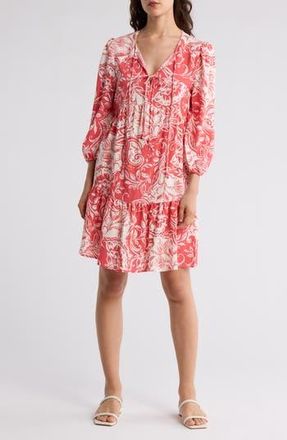 Ellen Tracy Double Tie Keyhole Tiered Babydoll Dress in Coral Batik Floral at Nordstrom Rack, Size X-Small