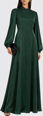 Raquel Diniz Long Satin Chemisier Dress with Balloon Sleeves and Mandarin Collar